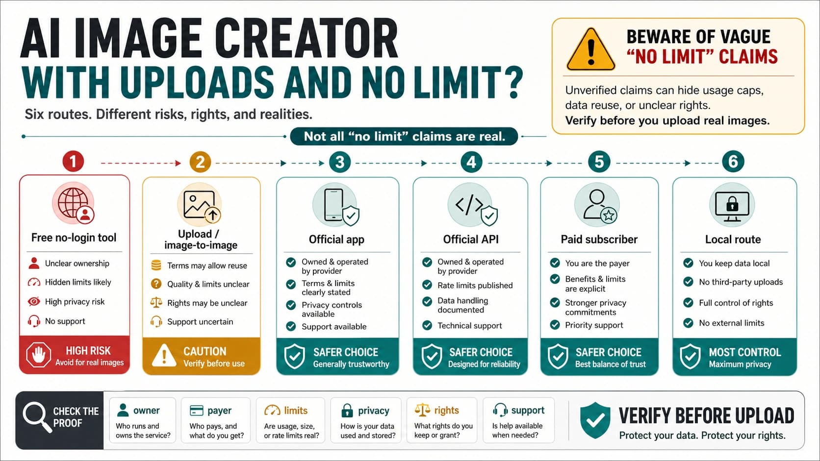Six-route board for AI image creators with uploads and no-limit claims