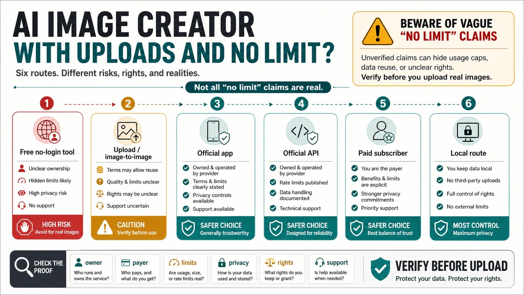 Six-route board for AI image creators with uploads and no-limit claims