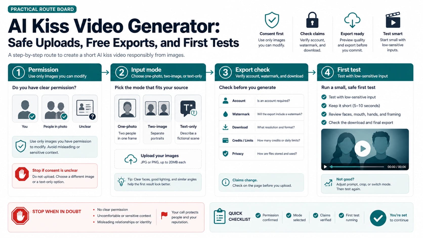 AI Kiss Video Generator: Safe Uploads, Free Exports, and First Tests