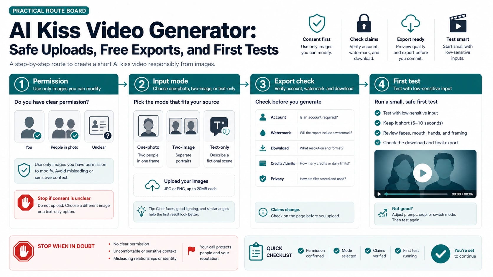 AI Kiss Video Generator: Safe Uploads, Free Exports, and First Tests
