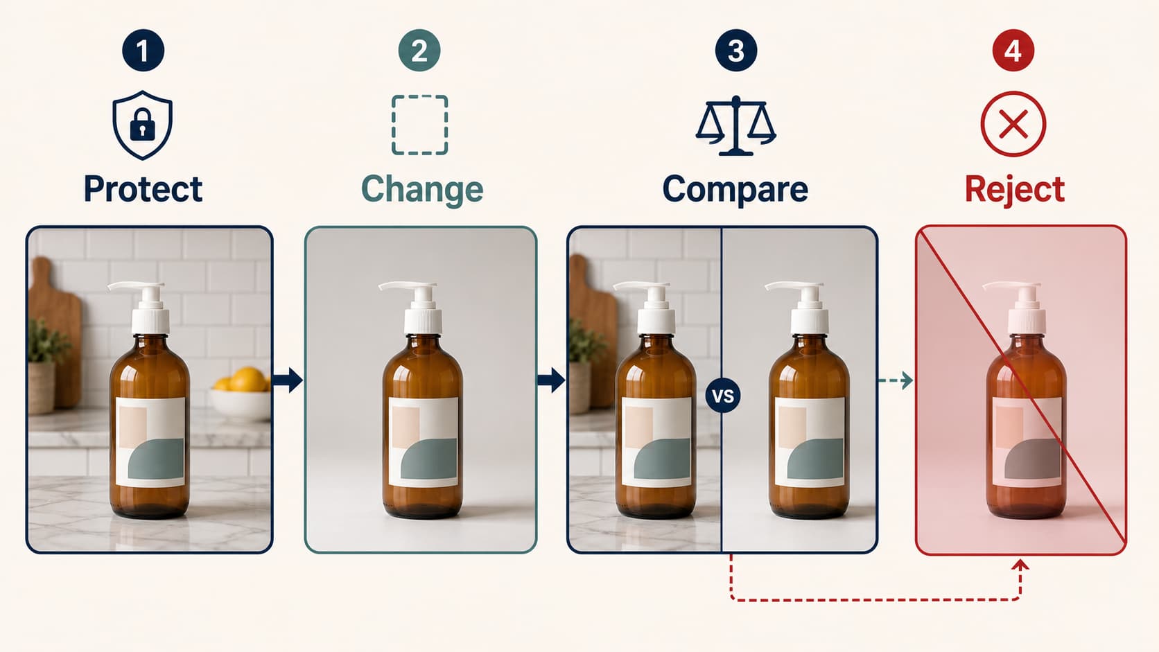 Product bottle kept unchanged while its old background is replaced, with protect, edit, compare, and reject checkpoints