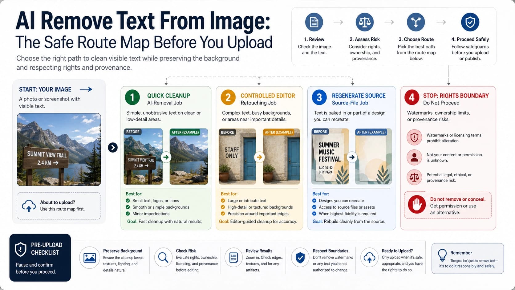 Route map for deciding how to remove visible text from an image with AI before upload