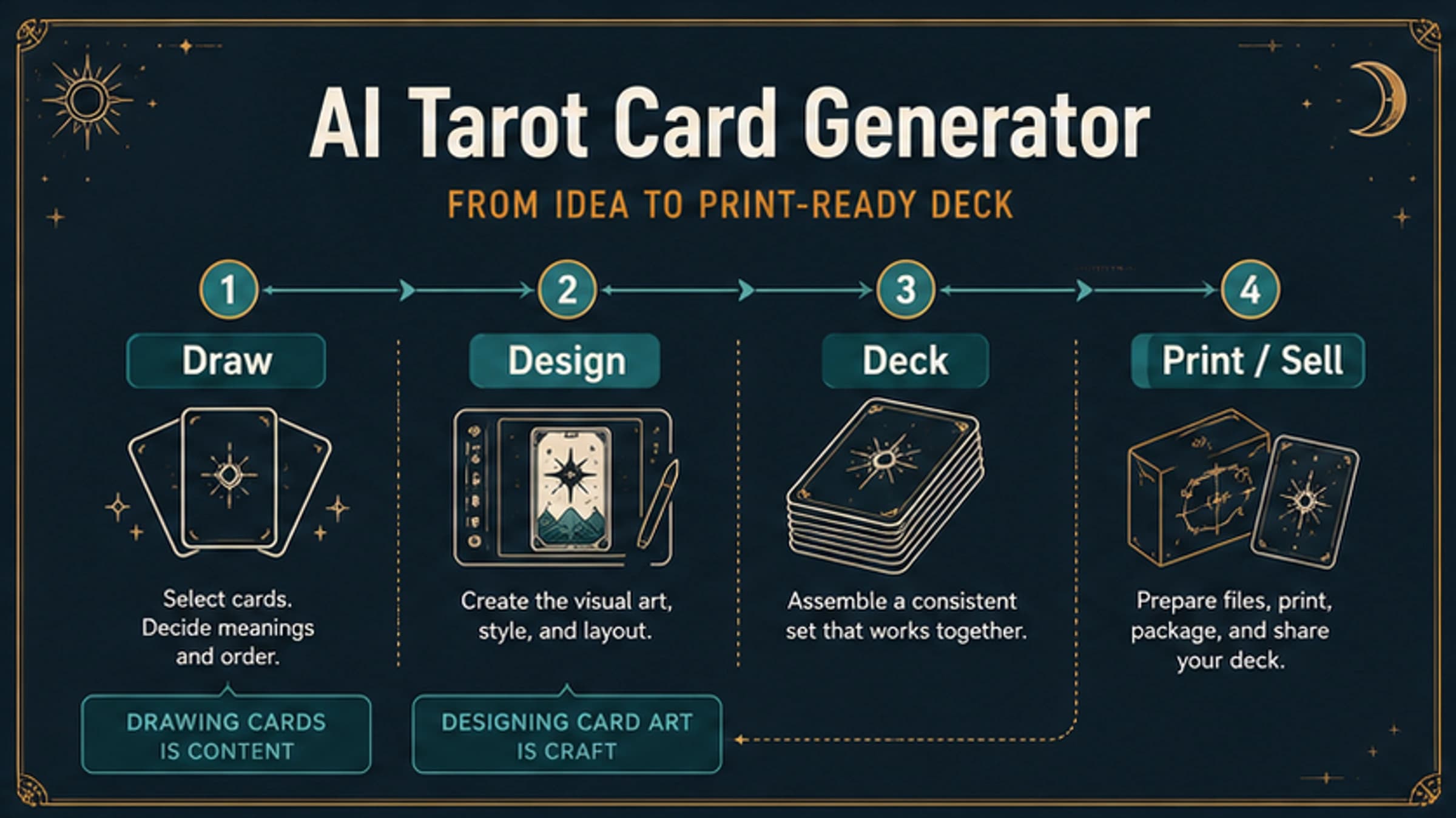 Route board separating tarot card drawing, AI card design, deck building, and print or sale preparation