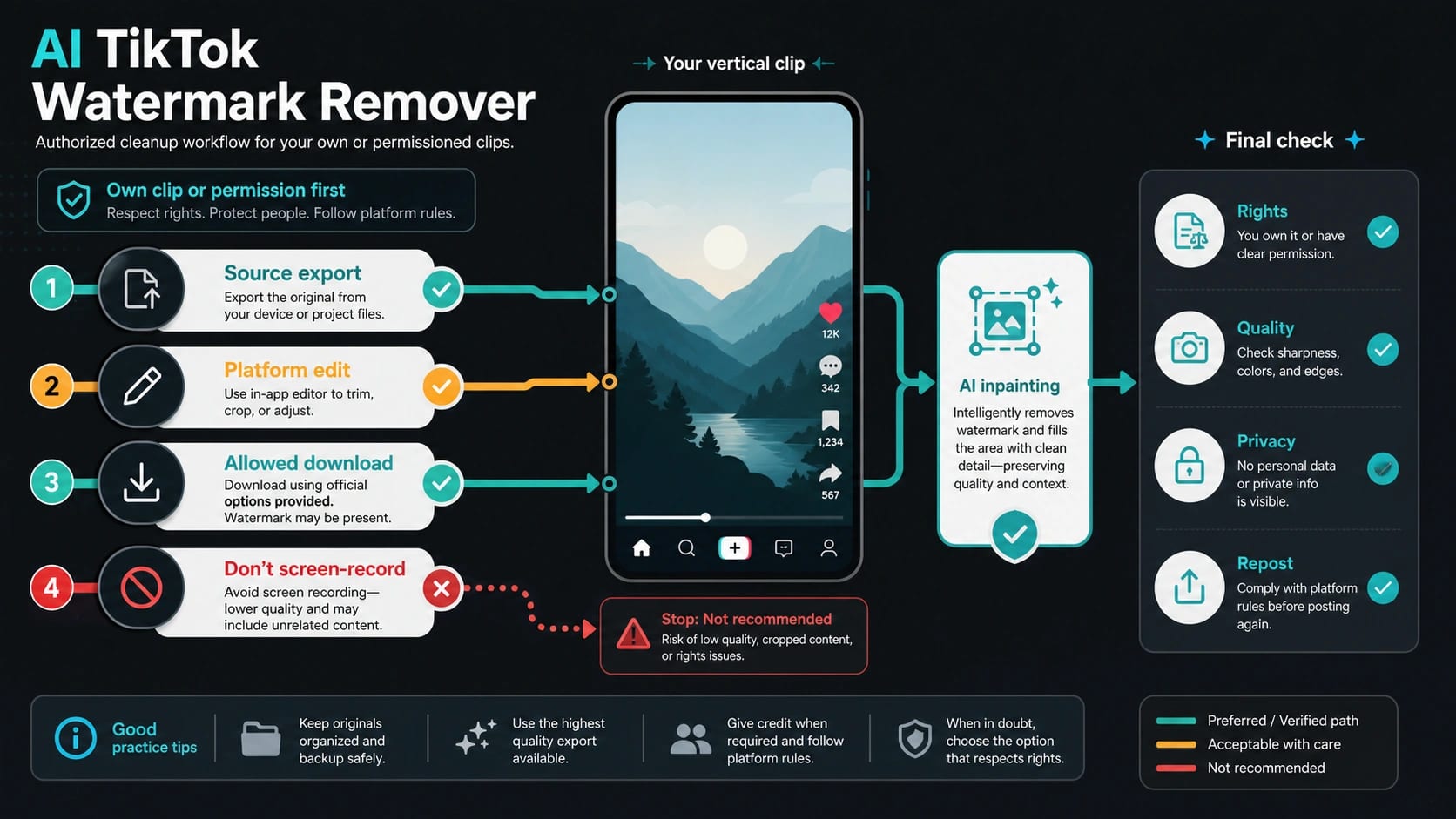 Route board for authorized TikTok clip cleanup showing source export, platform edit, allowed download, AI inpainting, and final rights, quality, privacy, and repost checks