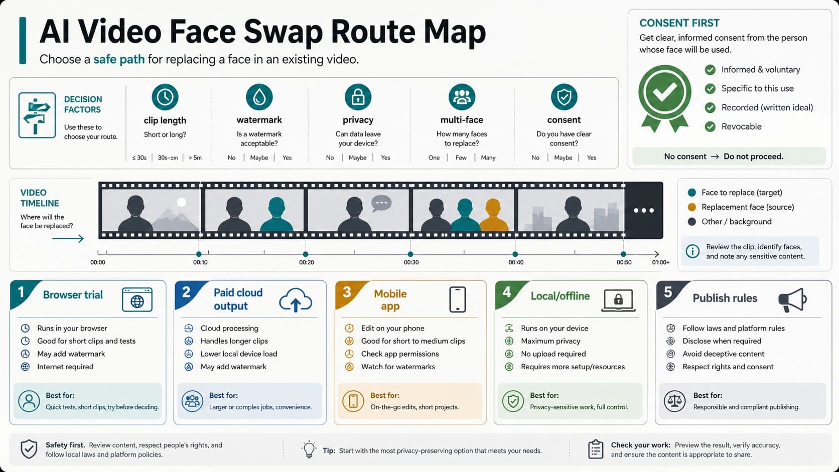 AI Video Face Swap: Free Tools, Local Routes, Quality Checks, and Consent Rules