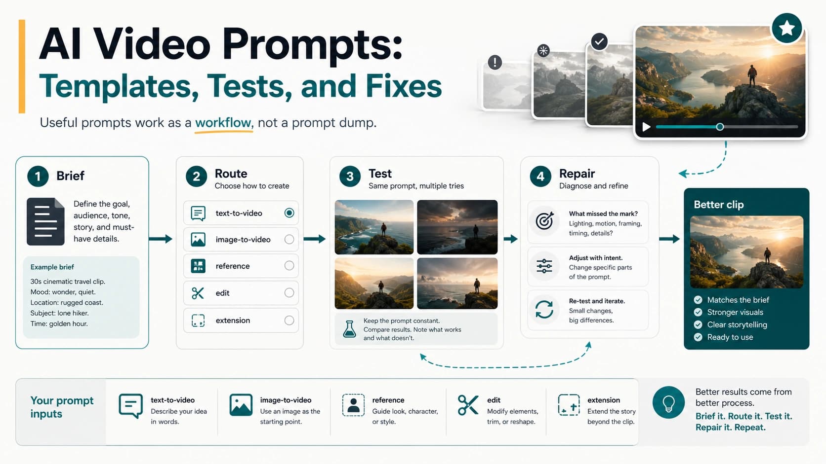 Workflow cover for writing, testing, and repairing AI video prompts