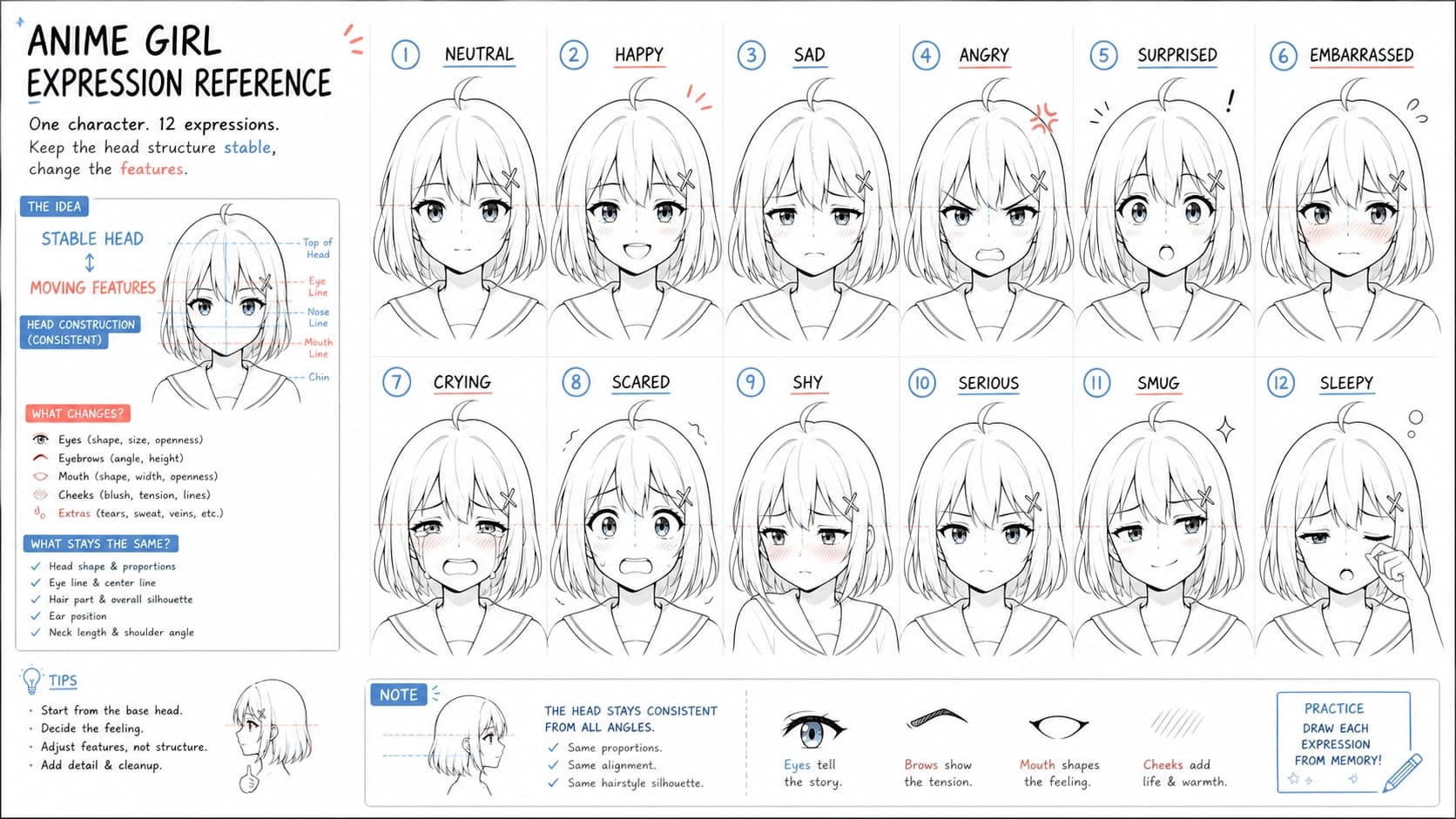 Anime Girl Expression Reference: Face Sheets and Drawing Practice Guide