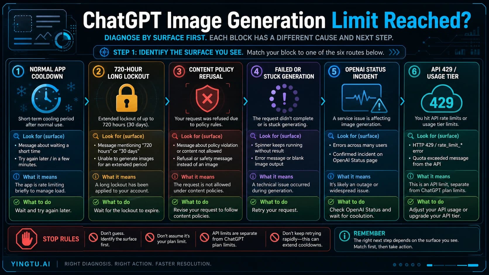 Six-branch board for diagnosing ChatGPT image generation limits across app cooldowns, long lockouts, policy refusals, failed generation, status incidents, and API 429