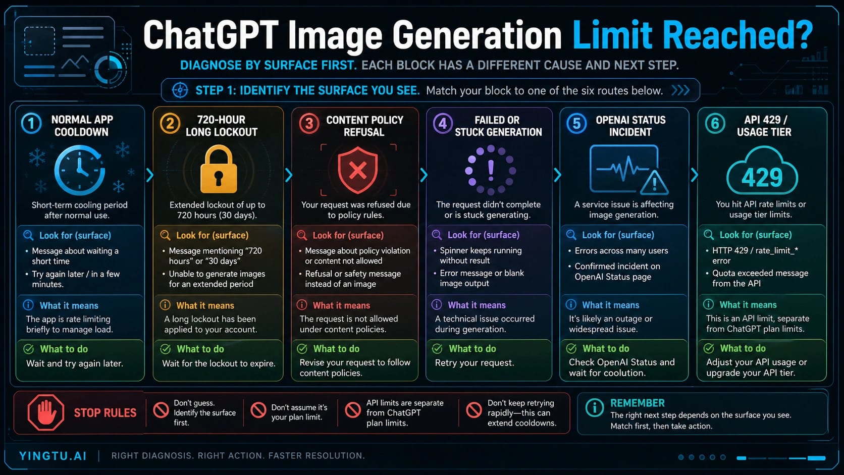 Six-branch board for diagnosing ChatGPT image generation limits across app cooldowns, long lockouts, policy refusals, failed generation, status incidents, and API 429