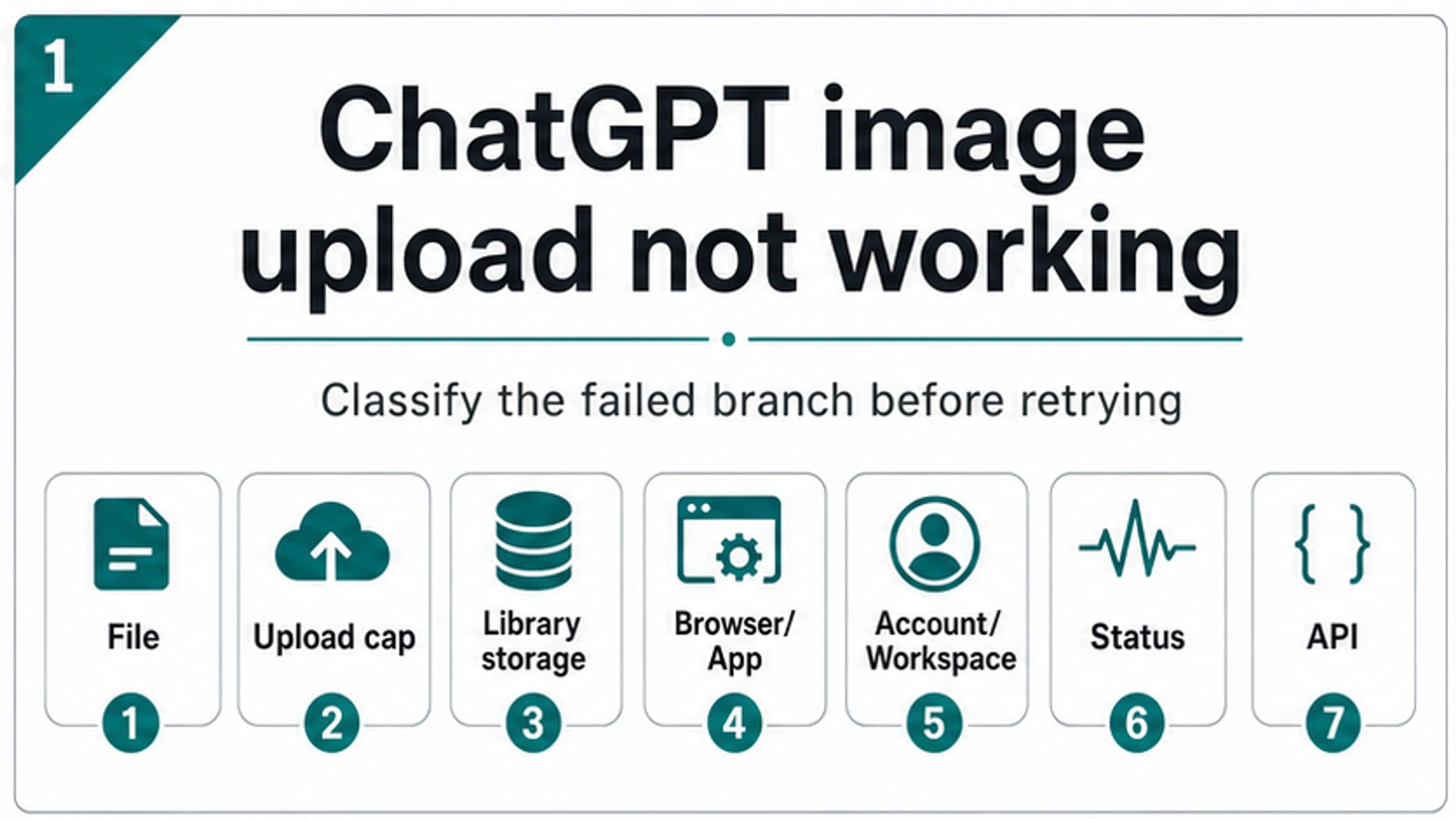 Diagnostic board for ChatGPT image upload failures, showing file, upload cap, storage, browser, account, status, and API branches