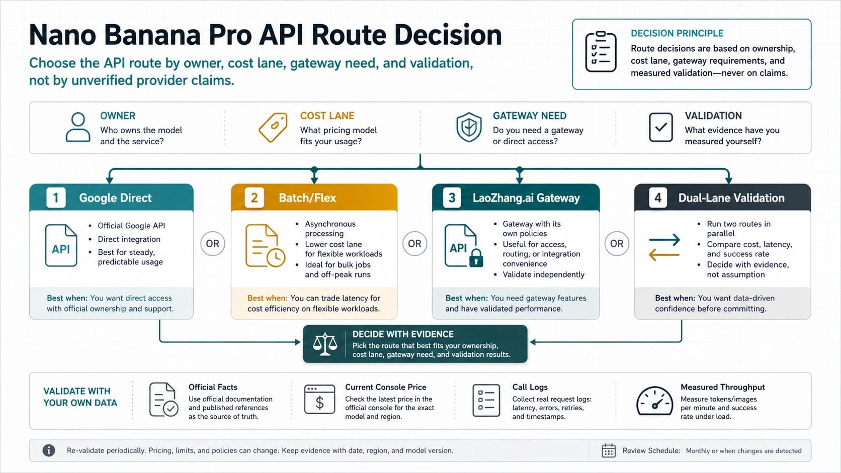 Route board for Nano Banana Pro API access, separating Google direct, Batch/Flex, gateway validation, and dual-lane production