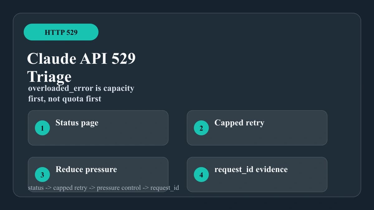 Claude API 529 overload triage board separating status check, retry cap, pressure reduction, and request id escalation