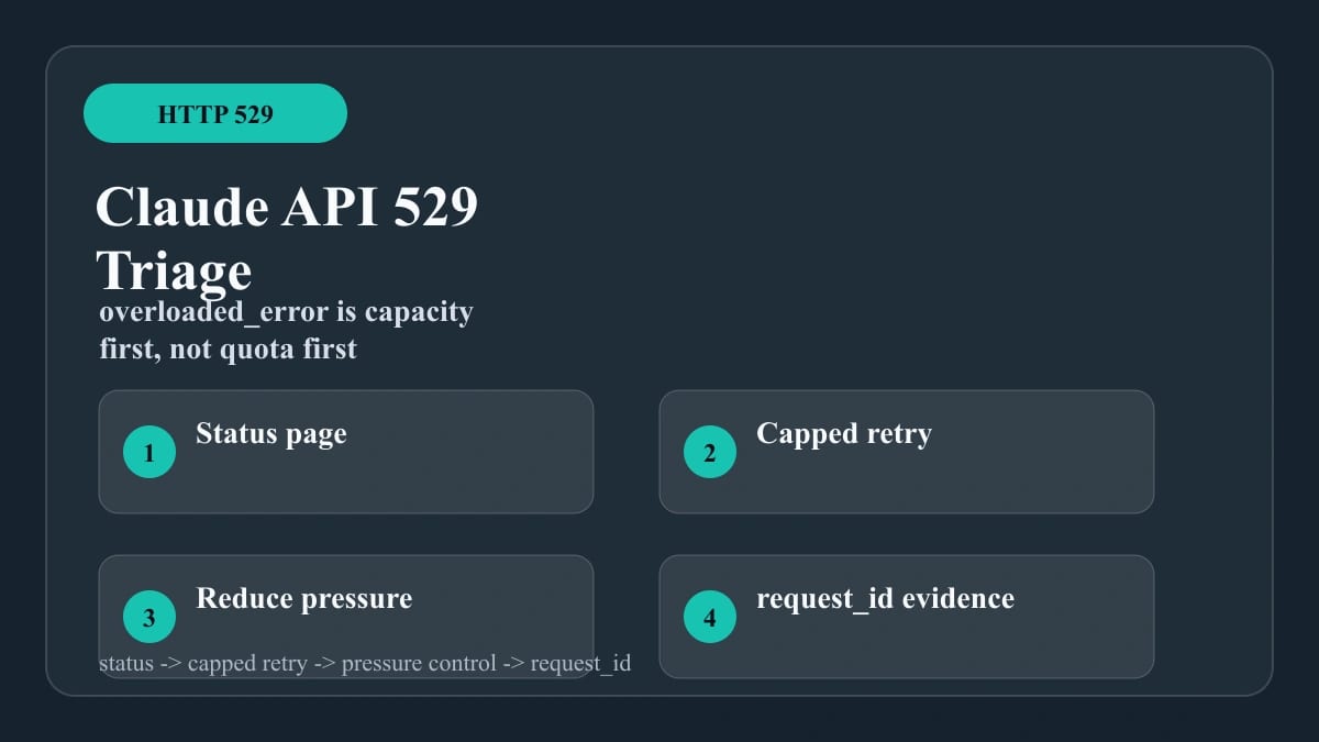 Claude API 529 overload triage board separating status check, retry cap, pressure reduction, and request id escalation