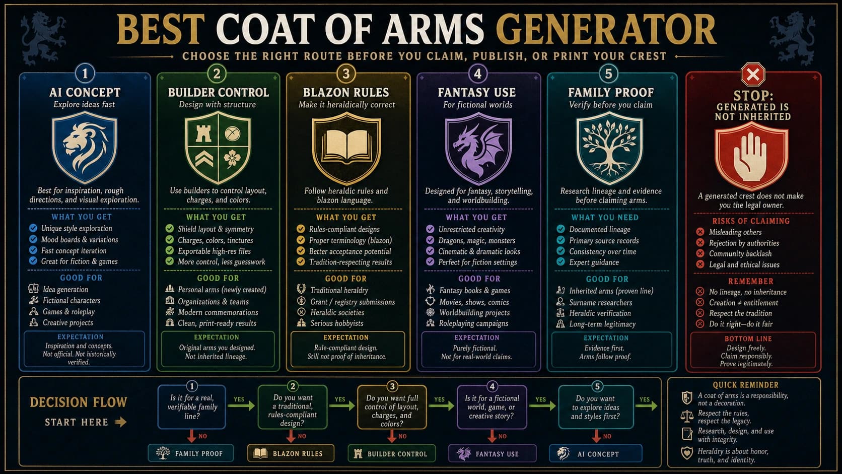 Coat of arms generator route chooser for AI concepts, builders, blazon rules, fantasy use, and family proof