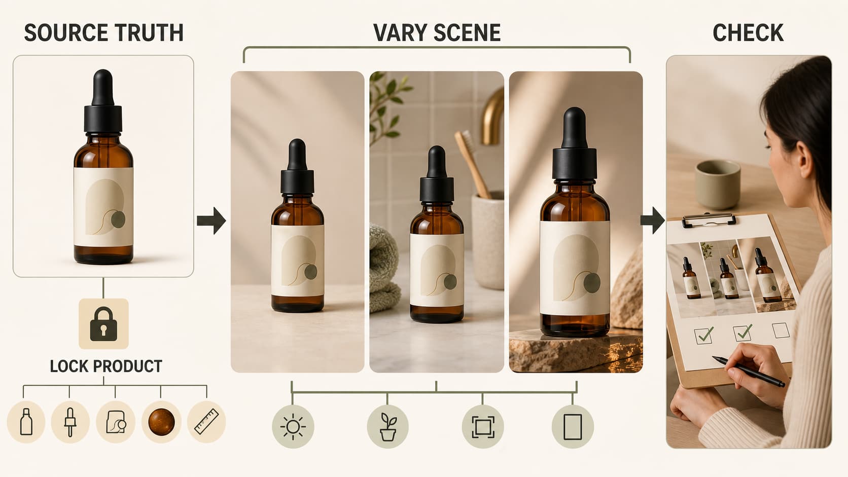 Product truth workflow separating locked SKU details from allowed scene changes across AI product photos