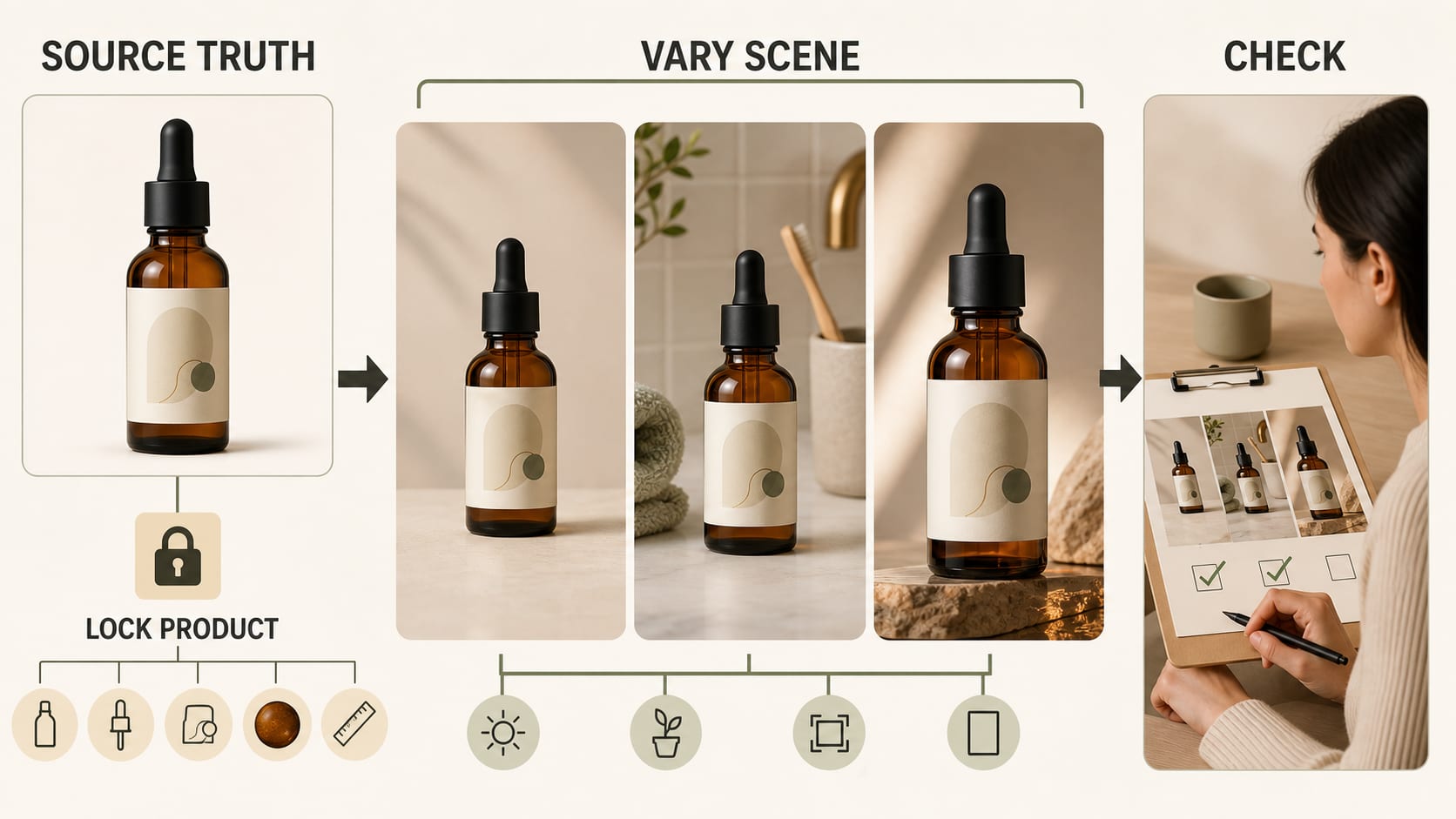 Product truth workflow separating locked SKU details from allowed scene changes across AI product photos