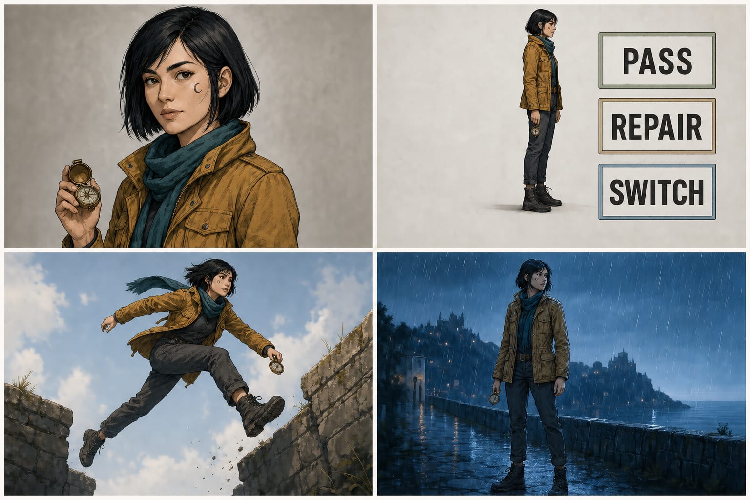 A recurring fictional character compared across portrait, profile, action, and scene-stress images with pass, repair, and switch decisions.