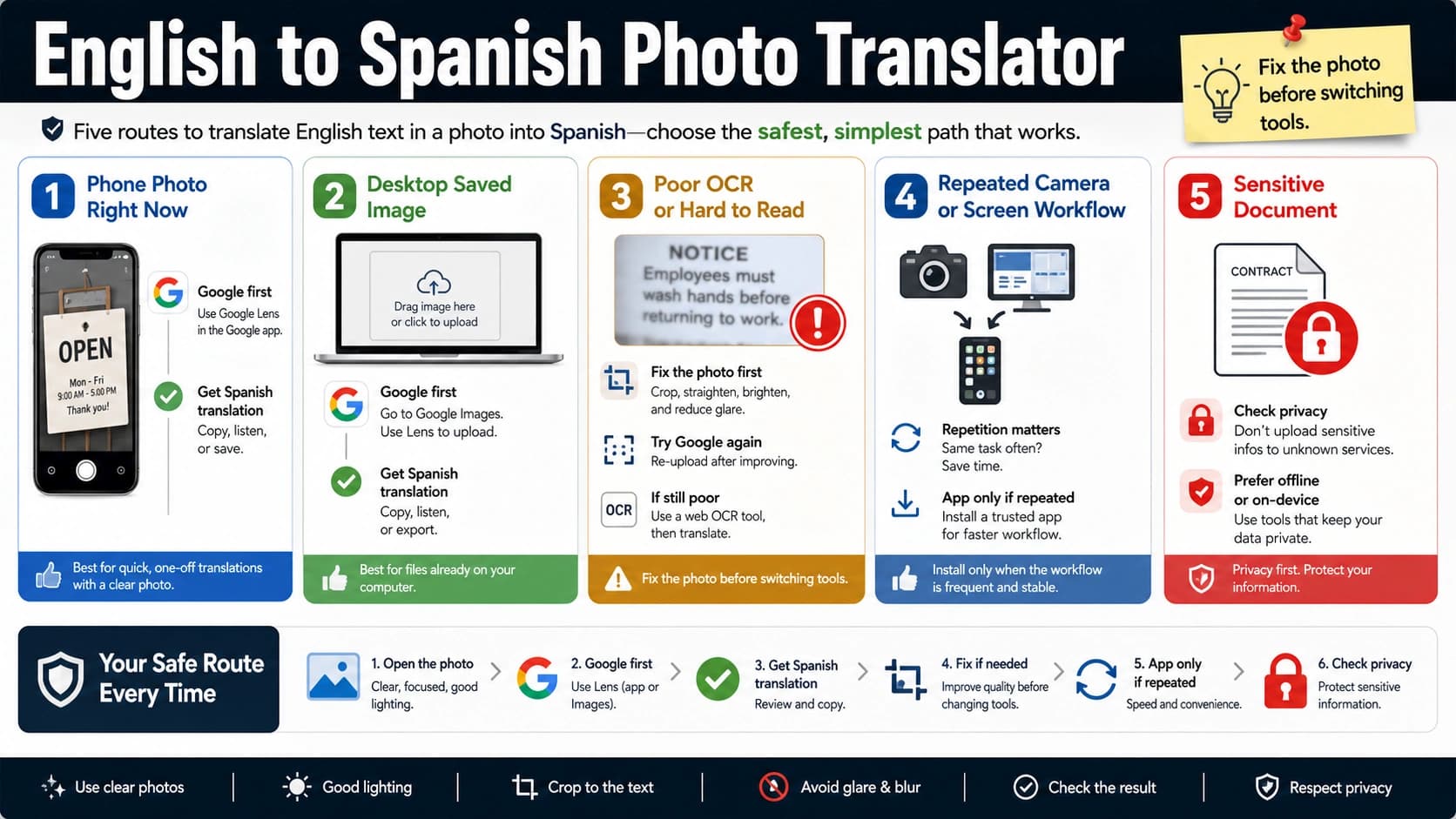 Route board for choosing phone, desktop, OCR fallback, app, or privacy route for English-to-Spanish photo translation