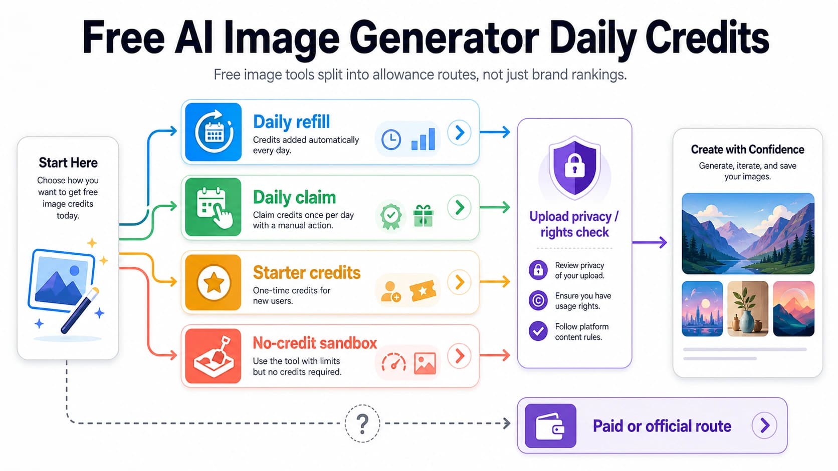 Free AI image generator daily credits route board showing daily refill daily claim fast creations compute units starter credits no-credit sandbox upload privacy check and paid official fallback