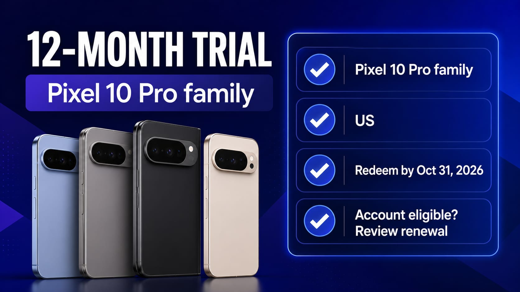 US Pixel 10 Pro owner checking device, account, deadline, and renewal before claiming a 12-month Google AI Pro trial