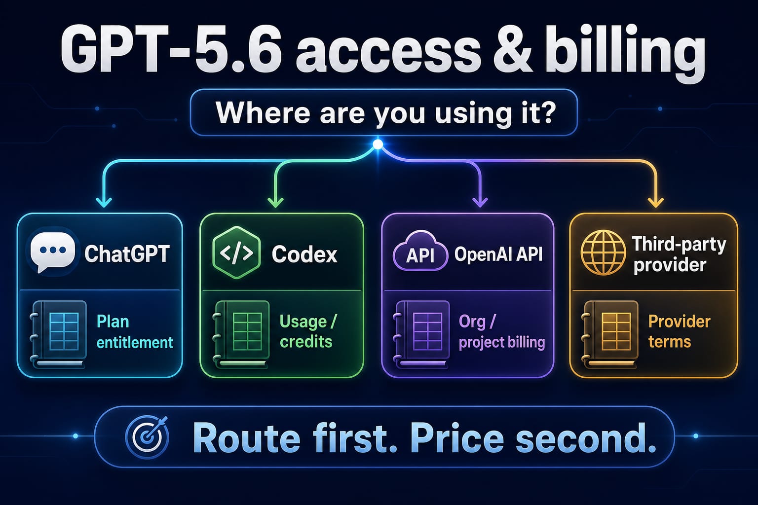 Four GPT-5.6 access routes branching to separate ChatGPT, Codex, OpenAI API, and provider billing ledgers