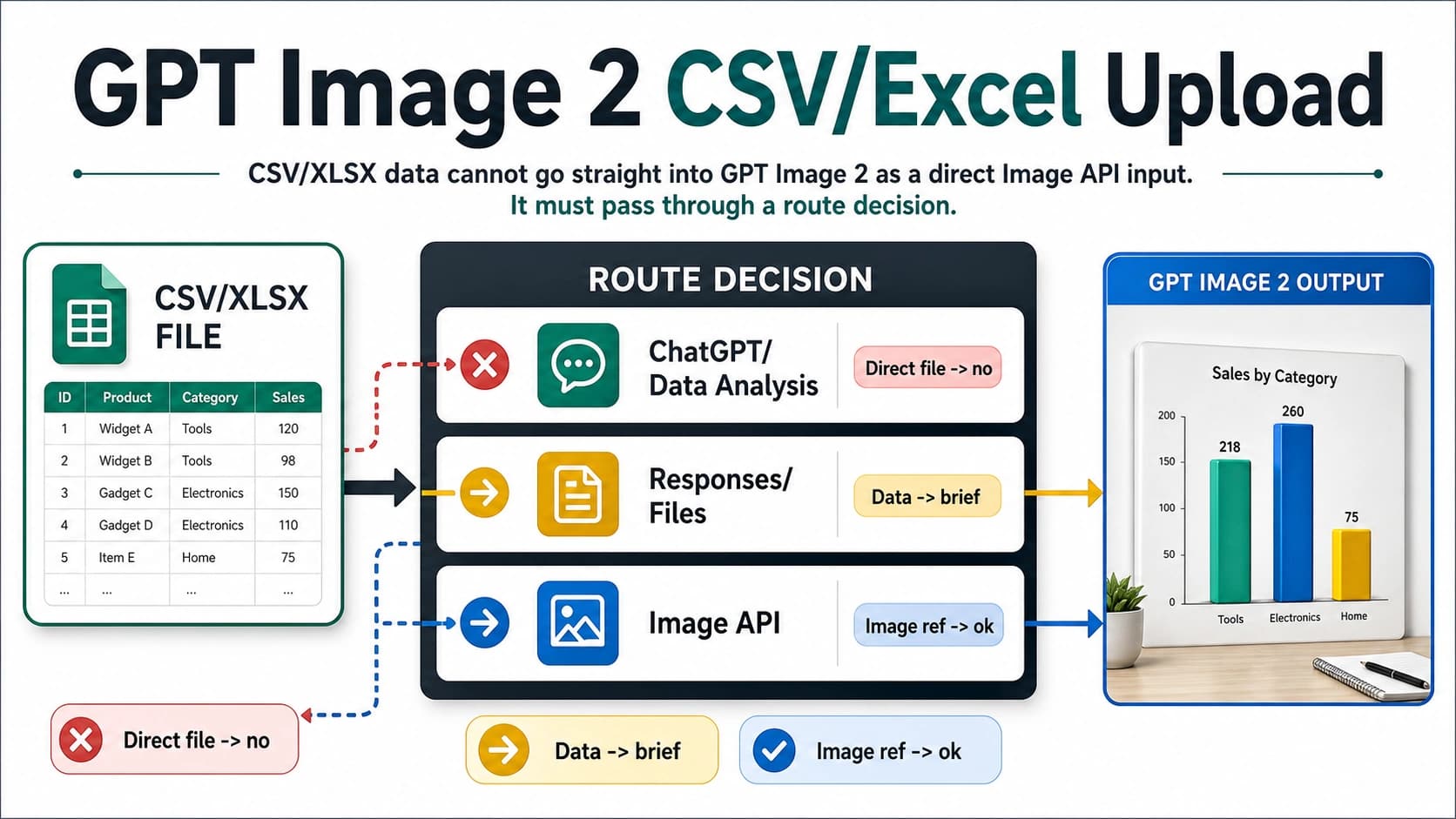 Route board showing a spreadsheet file moving through ChatGPT, Responses, or Image API before GPT Image 2 output