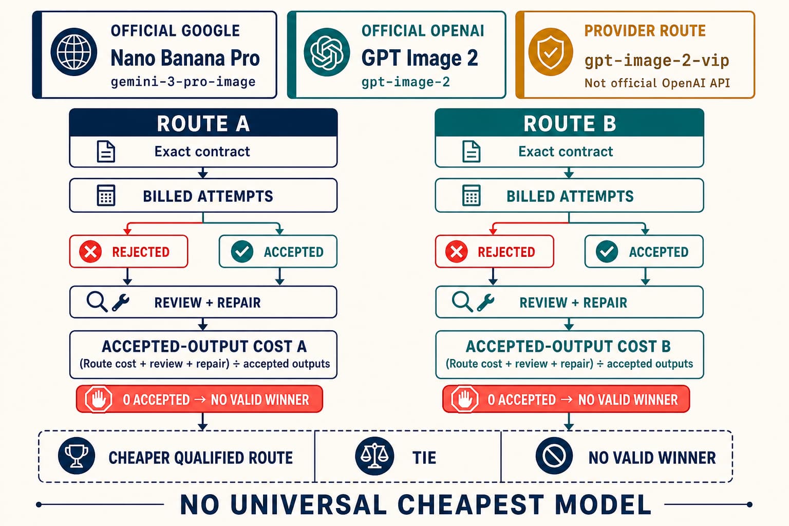 A cost ledger comparing exact Nano Banana Pro and GPT Image 2 routes by accepted outputs, retries, review, and repair