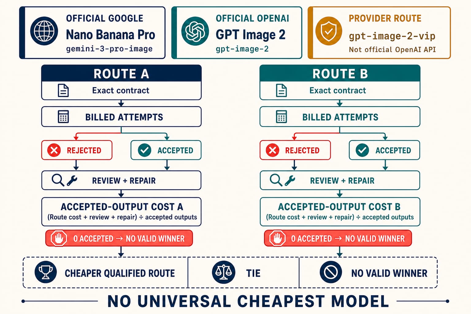 A cost ledger comparing exact Nano Banana Pro and GPT Image 2 routes by accepted outputs, retries, review, and repair