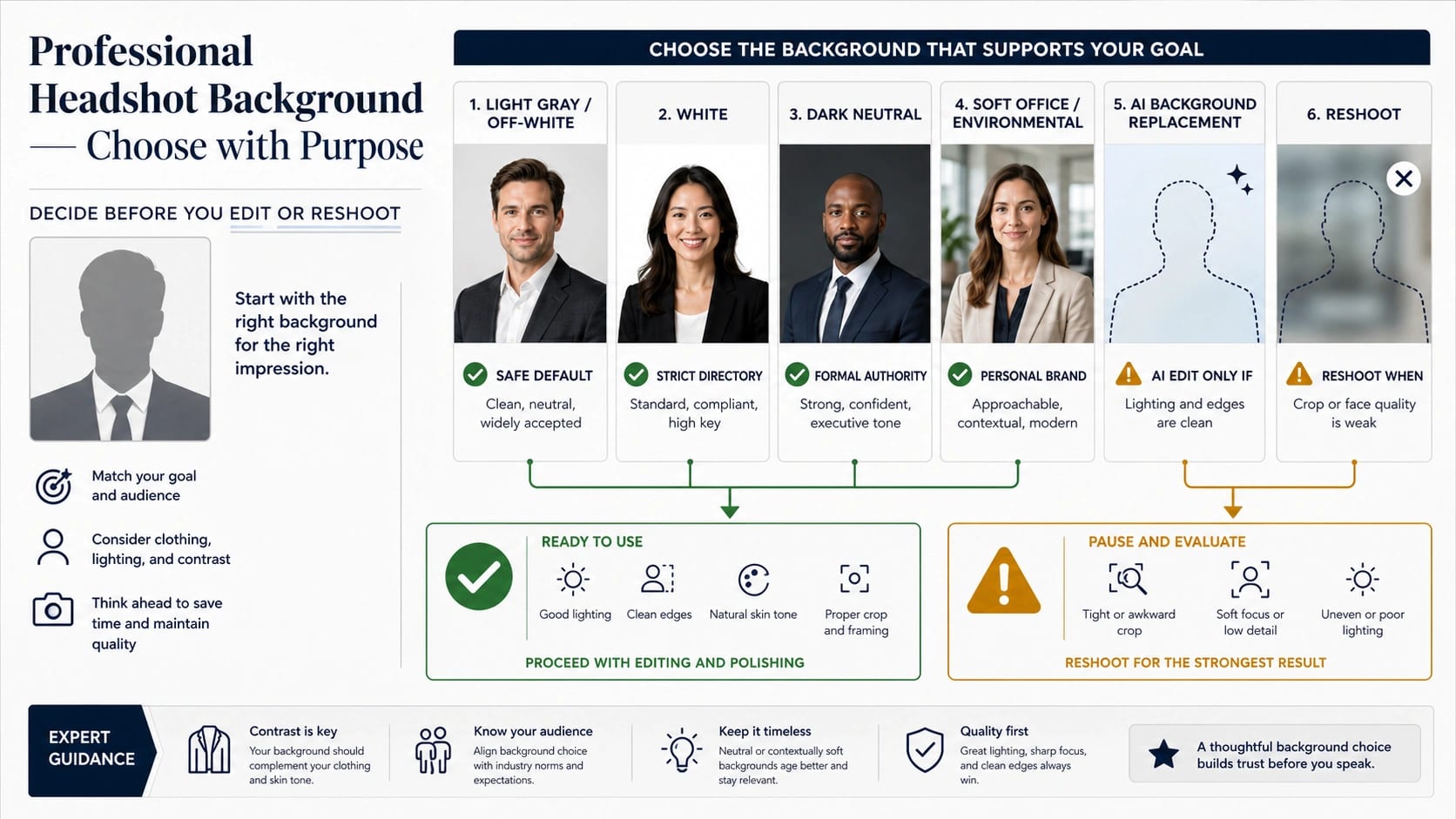 Professional headshot background decision board with safe default, directory, formal, personal brand, AI edit, and reshoot routes