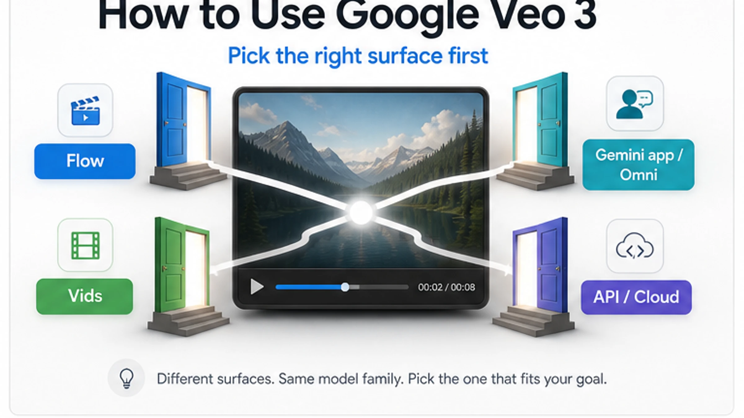 Google Veo 3 route-choice cover showing Flow Vids Gemini app Omni and API Cloud as separate starting surfaces