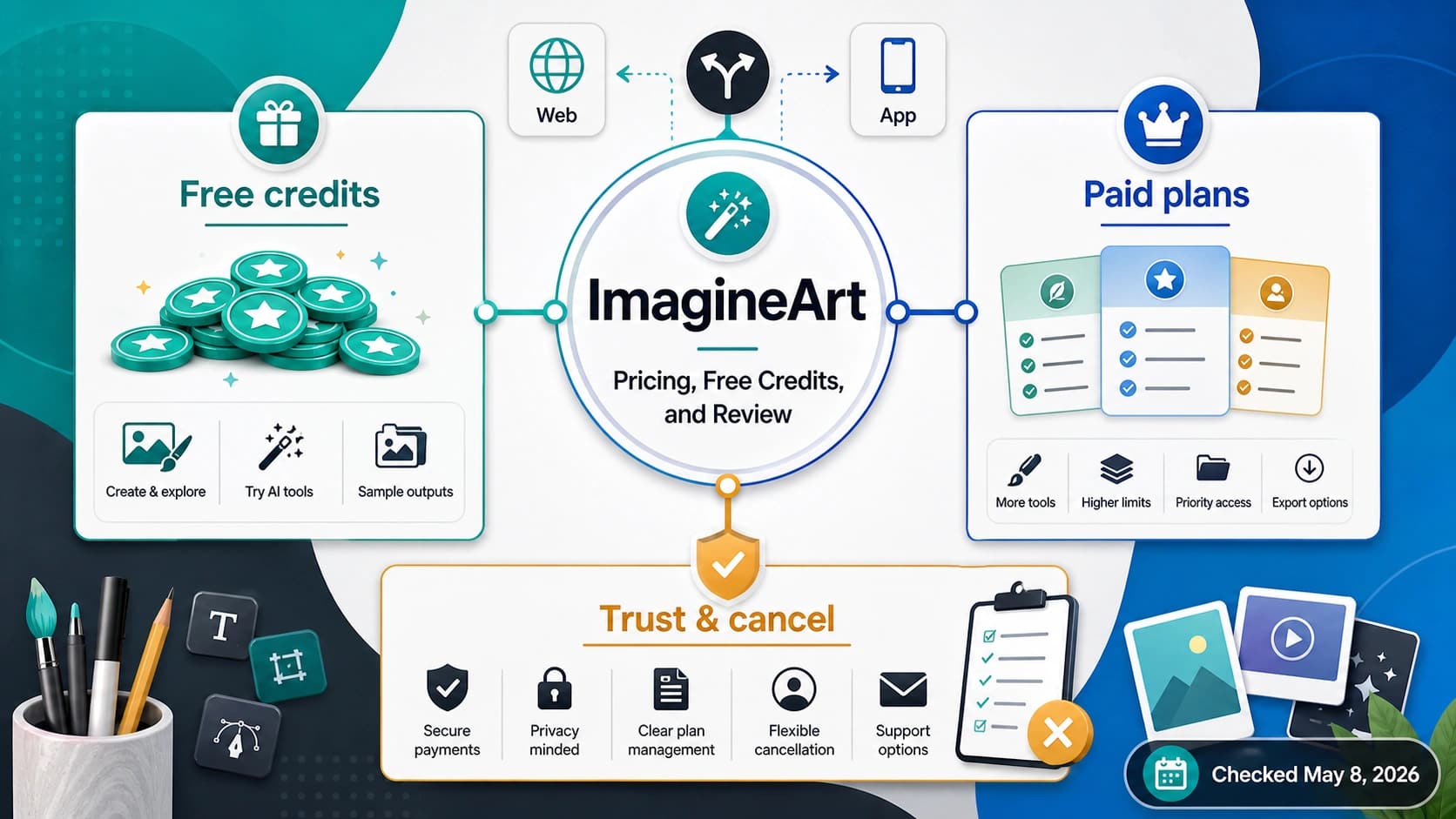 ImagineArt buyer guide cover showing free credits, paid plans, and trust checks