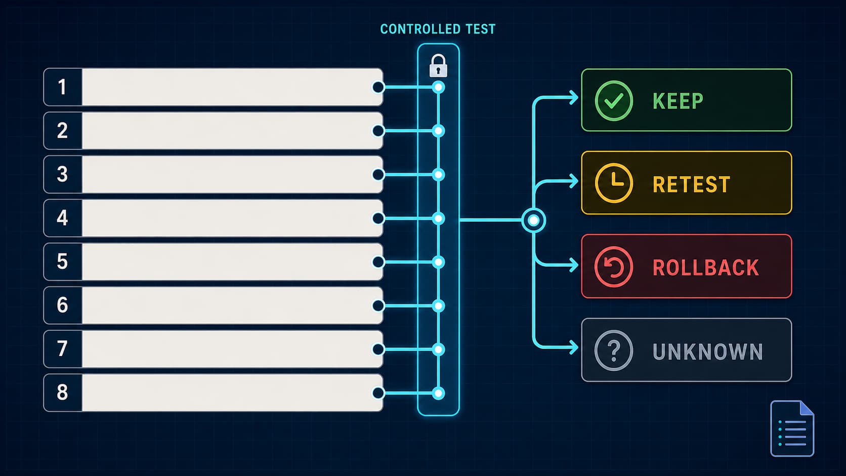 An illustrated eight-row upgrade checklist moving from controlled prompts to keep, retest, or rollback decisions; it is not Midjourney output.