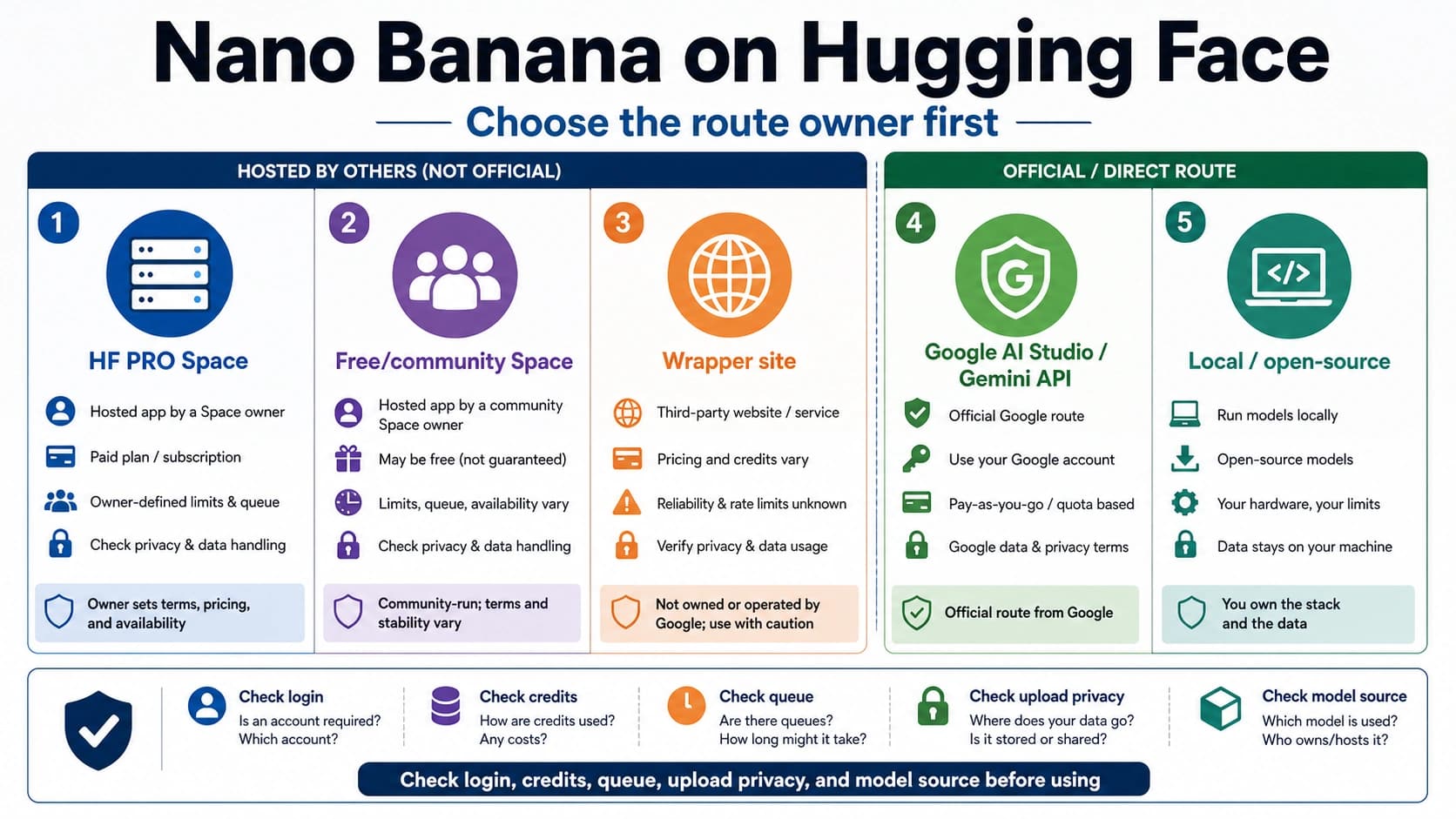 Route-owner board for using Nano Banana on Hugging Face online, separating HF PRO Space, community Spaces, Google AI Studio, Gemini API, wrapper sites, and local options