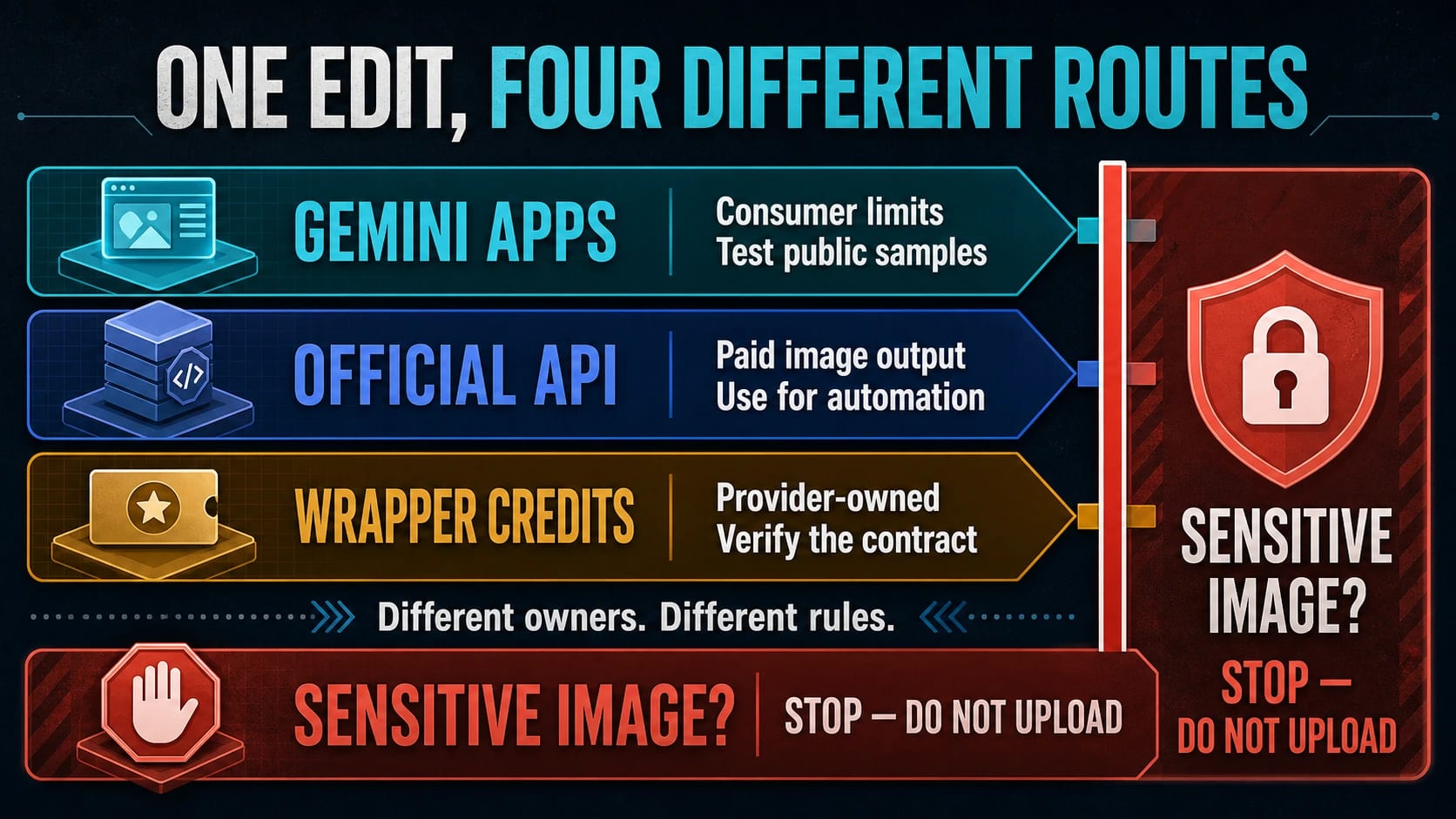 Gemini Apps, official Gemini API, wrapper-credit, and sensitive-image stop routes for Nano Banana image editing