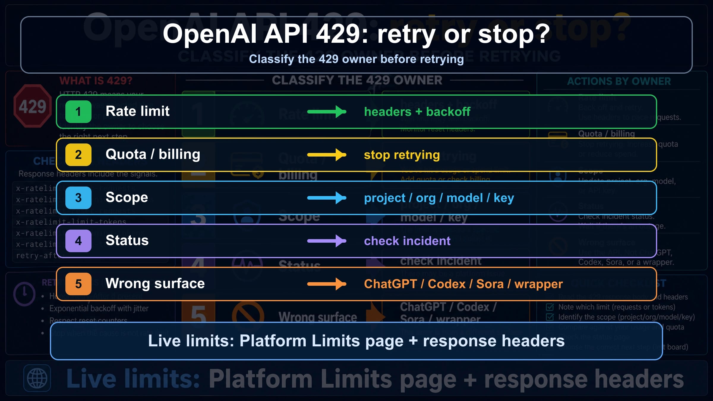Dense OpenAI API 429 route board separating retryable rate limits from quota, scope, status, and wrong-surface branches
