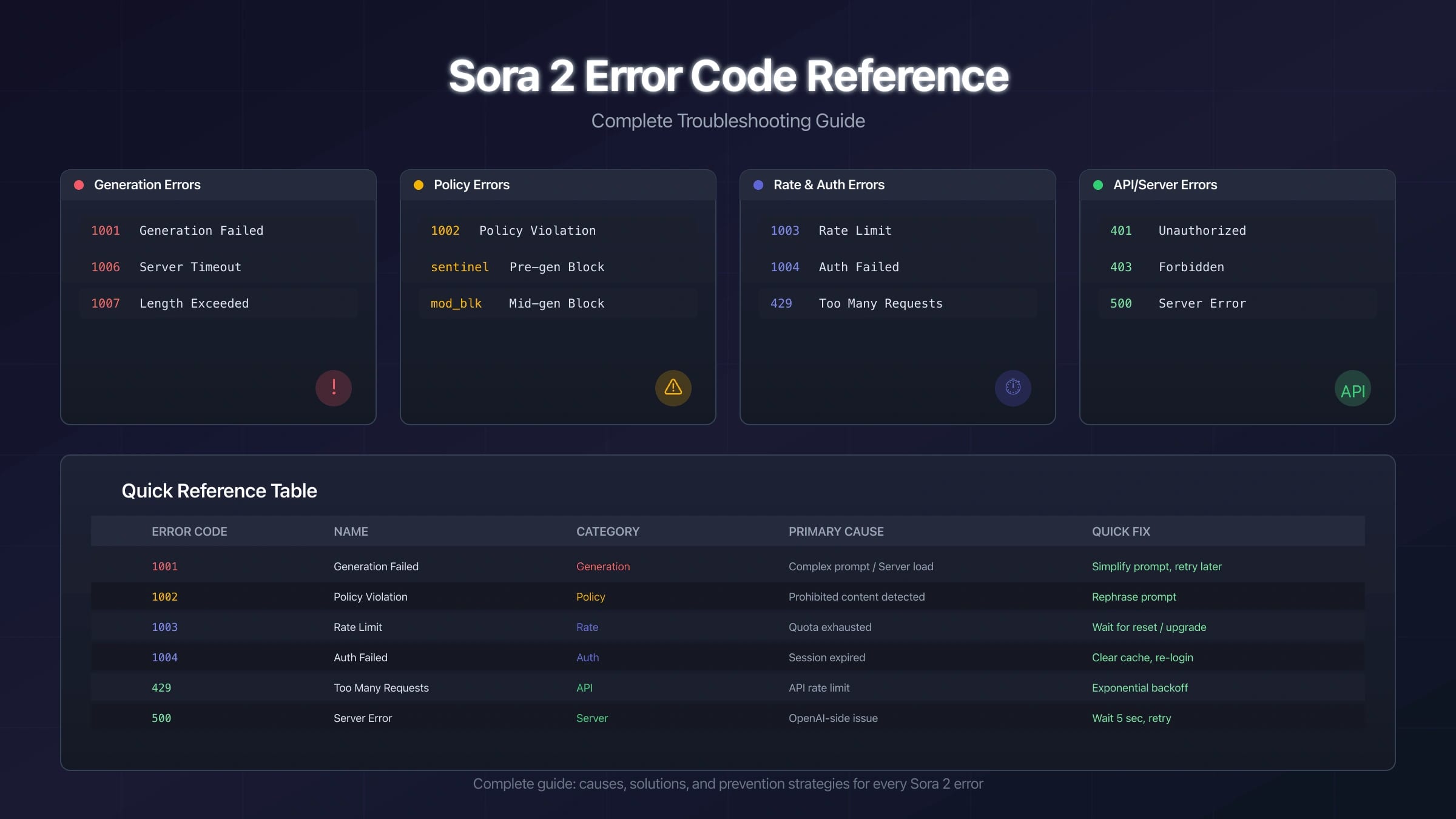 Sora 2 error owner board separating API errors, video job states, policy blocks, rate limits, access issues, and shutdown planning
