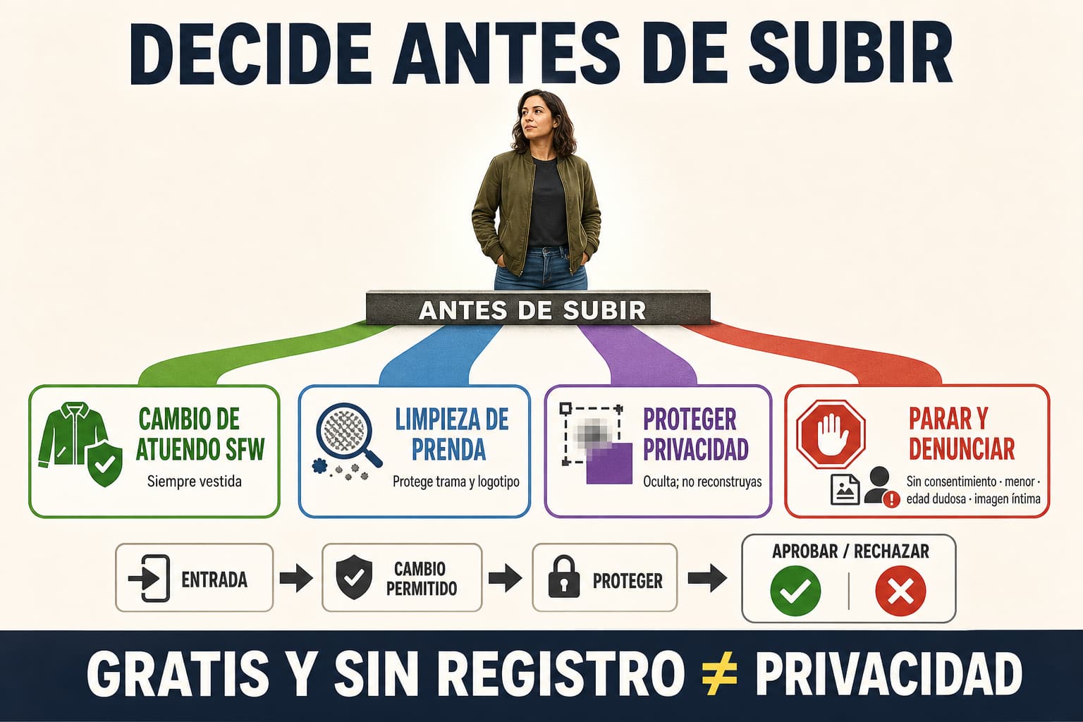 Panel de cuatro rutas para decidir entre cambiar un atuendo, limpiar una prenda, proteger la privacidad o parar y denunciar