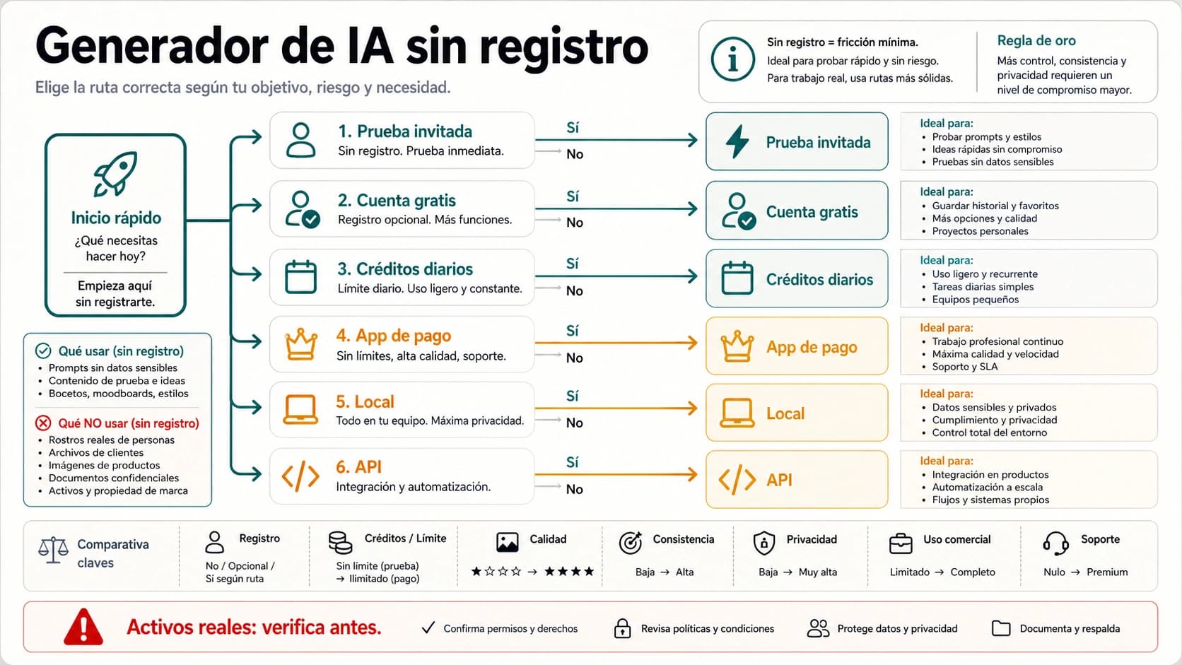 Tablero de rutas para usar un generador de imágenes IA gratis sin registrarse solo como prueba rápida antes de cambiar a cuenta, créditos, pago, local o API