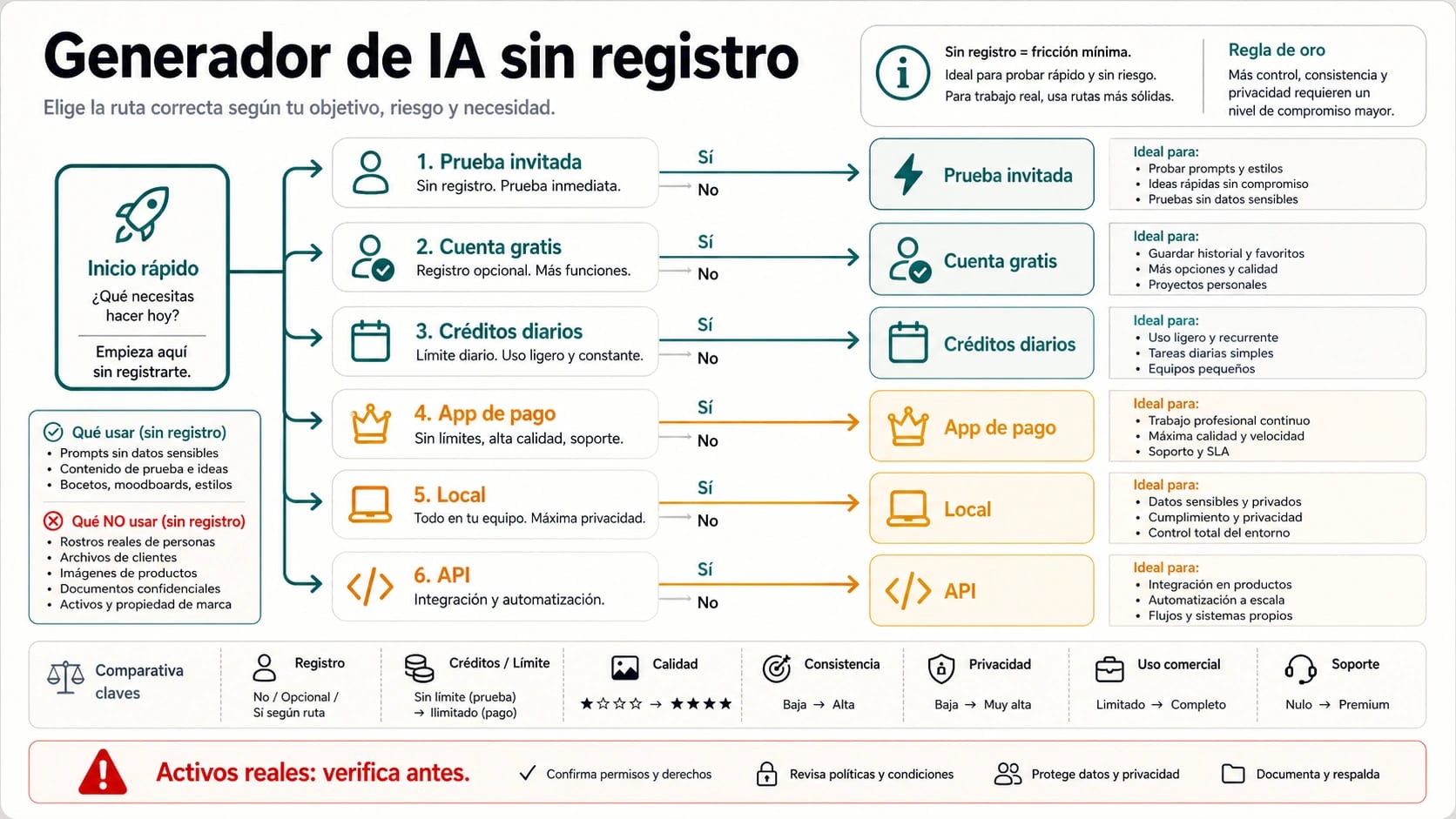 Tablero de rutas para usar un generador de imágenes IA gratis sin registrarse solo como prueba rápida antes de cambiar a cuenta, créditos, pago, local o API