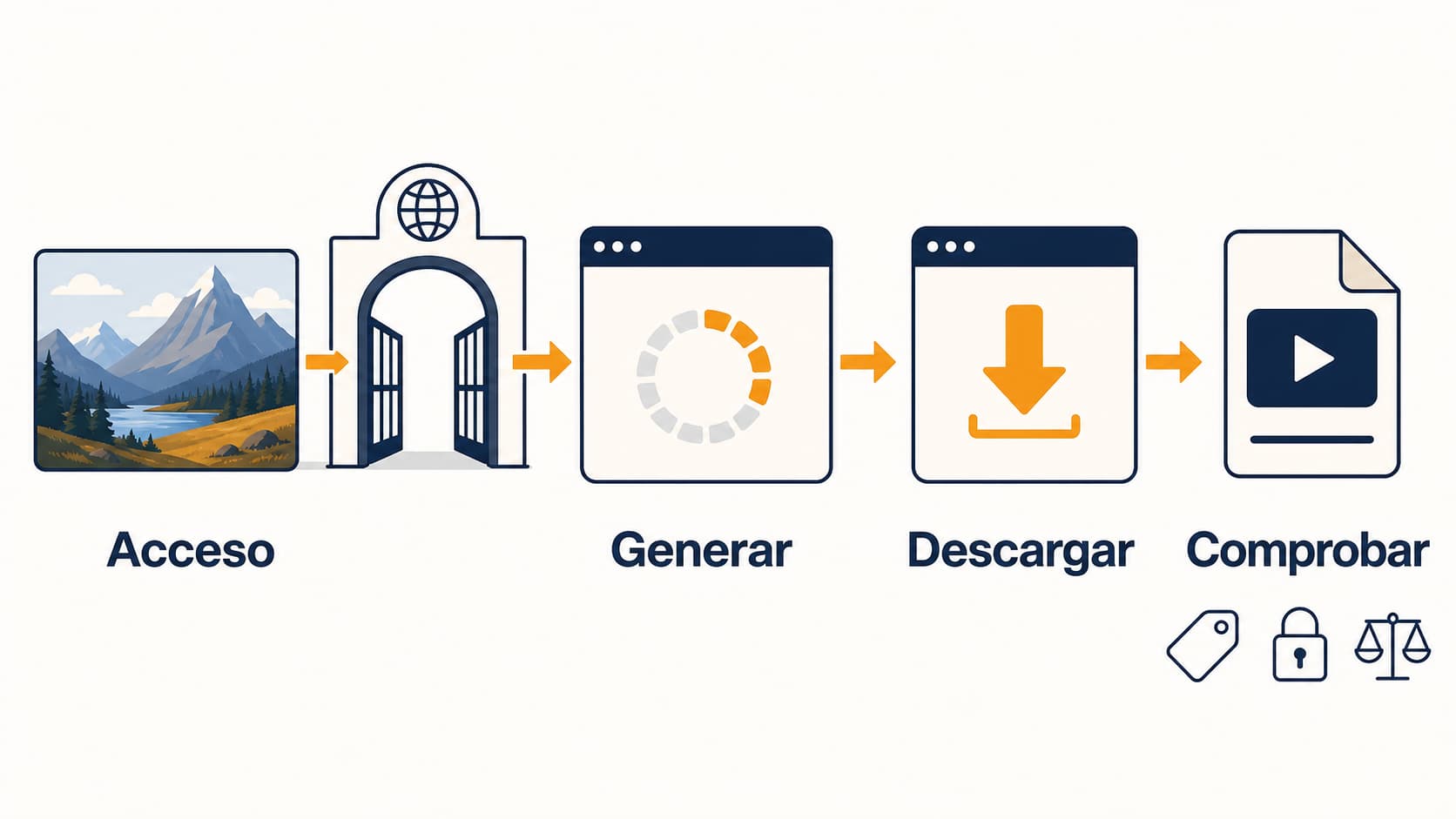 Recorrido de una imagen a un archivo de vídeo con controles de cuenta, créditos, descarga, privacidad y derechos.