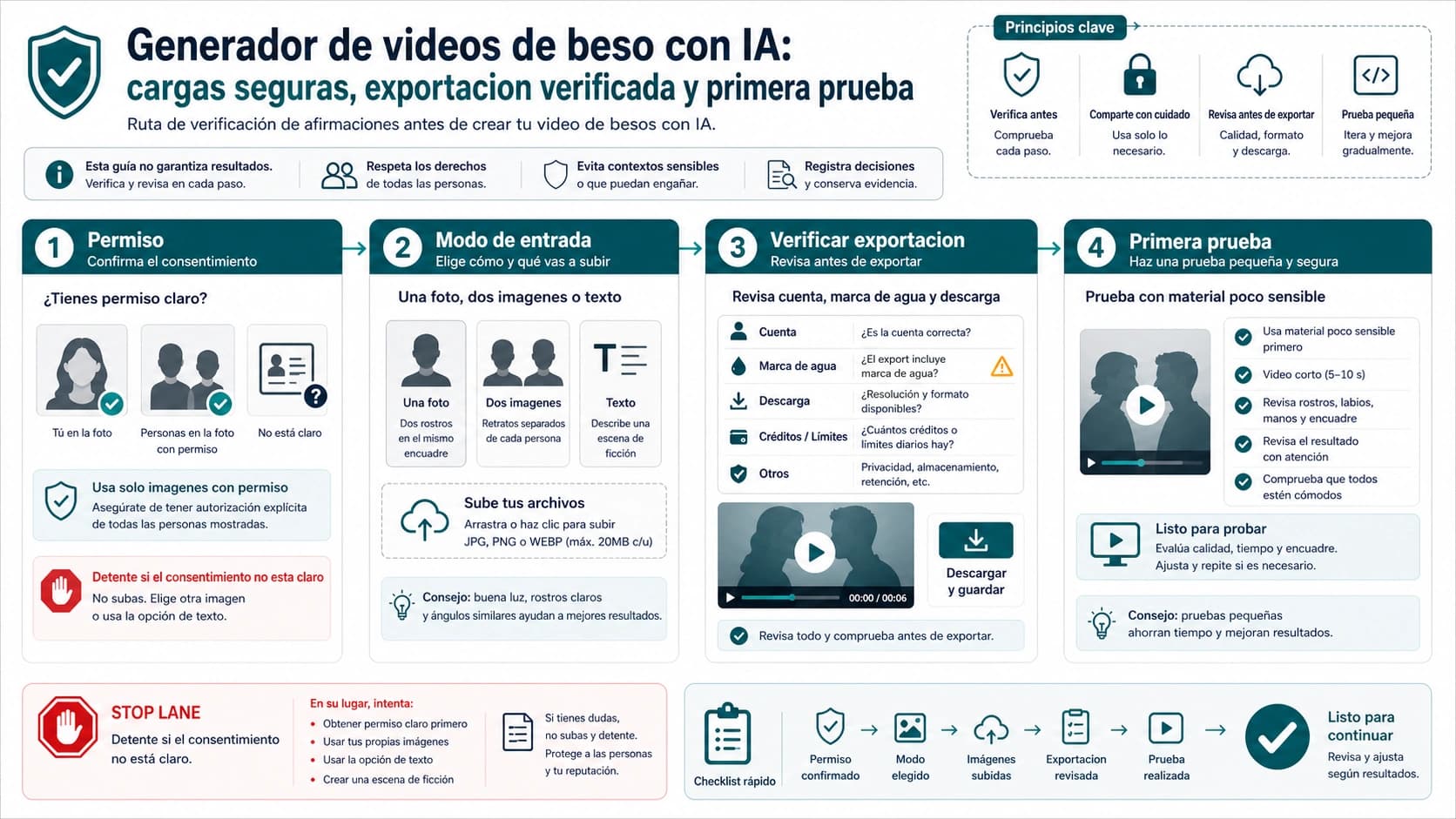 Generador de videos de besos con IA: permisos, exportación gratis y primera prueba