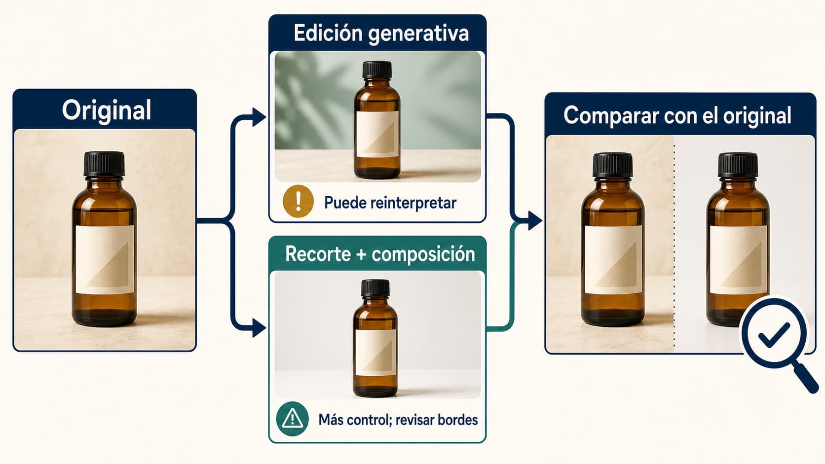 Comparación entre una foto de producto original y dos rutas para cambiar solo el fondo