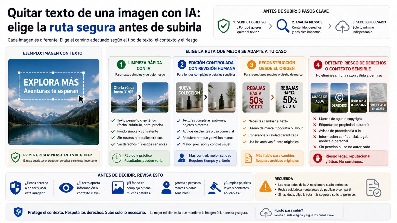 Mapa para elegir cómo quitar texto de una imagen con IA antes de subirla