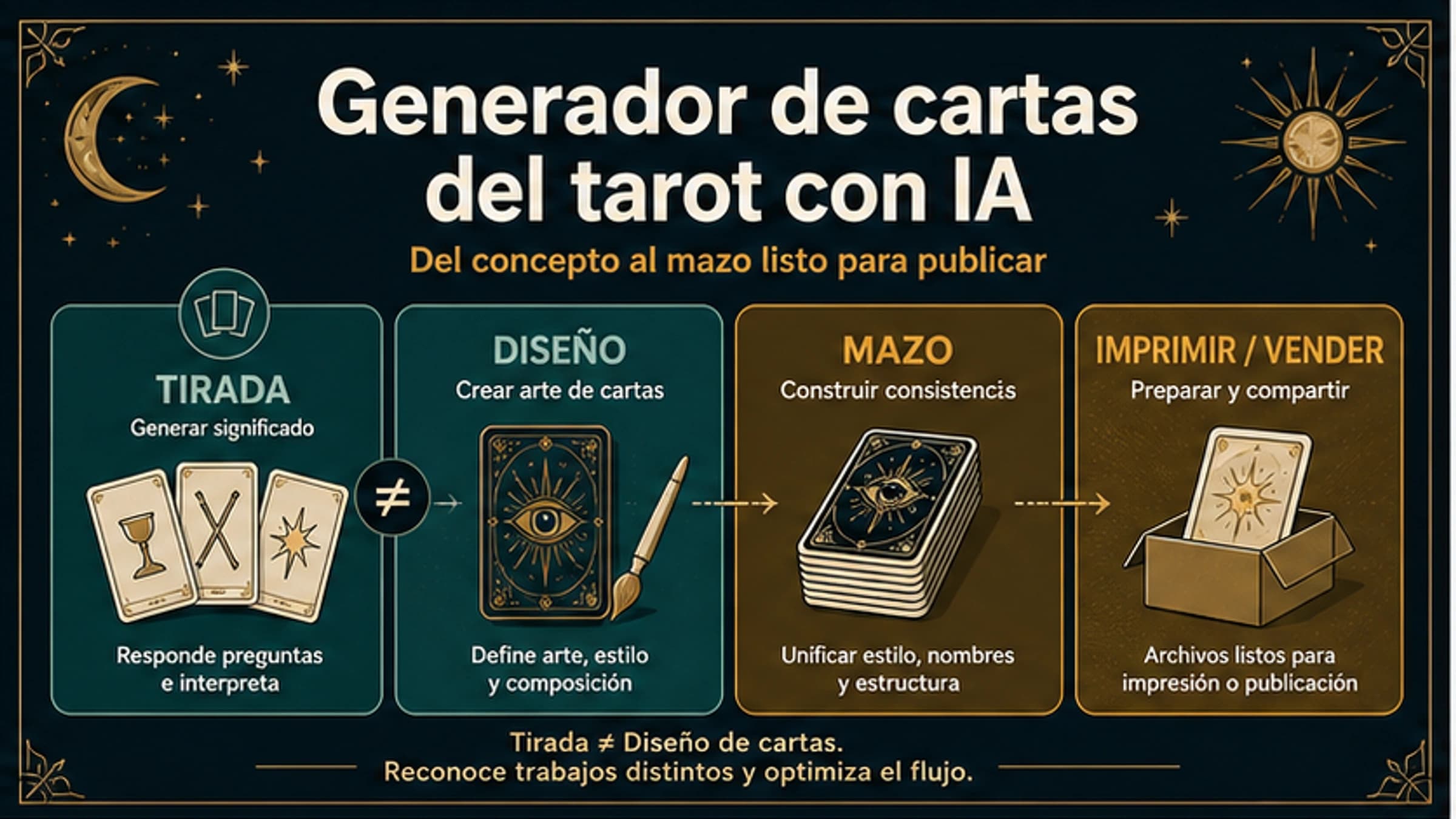 Tablero de rutas que separa lectura del tarot, diseño de carta con IA, sistema de baraja y preparación para impresión o venta