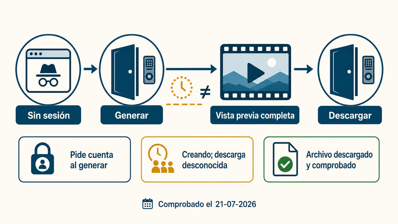 Recorrido para comprobar por separado las puertas Generar y Descargar de un generador de vídeos con IA sin registro.