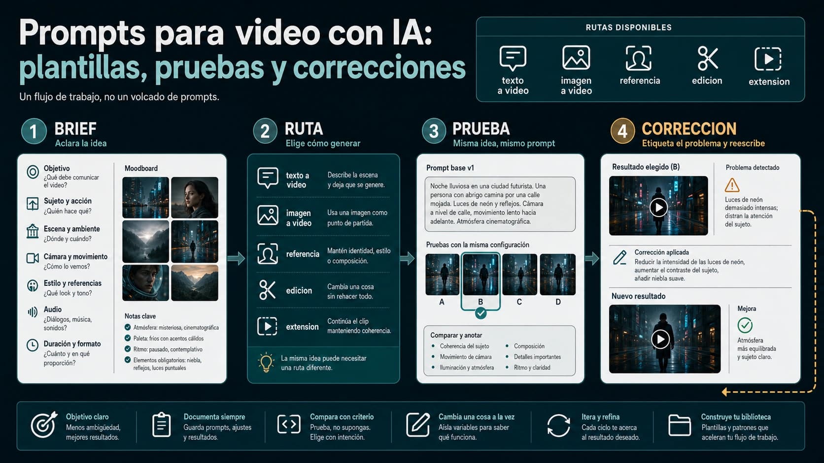 Flujo para escribir, probar y corregir prompts de vídeo con IA