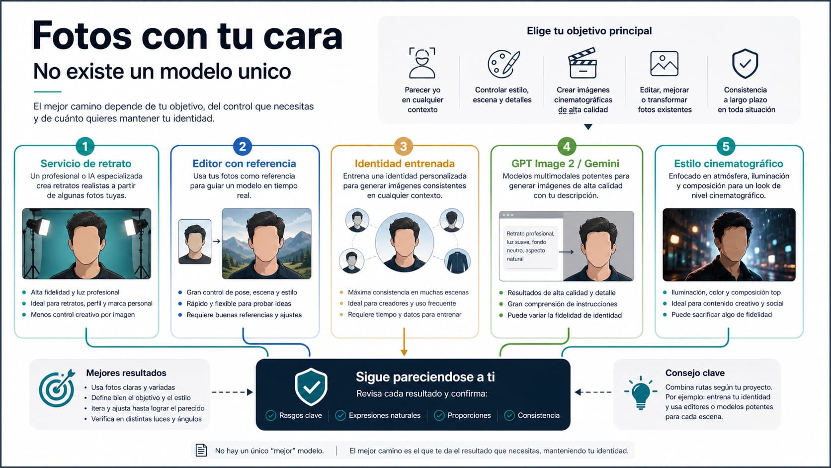 Selector de ruta para crear fotos con tu cara: servicio de retratos, editor con referencia, identidad entrenada, API oficial y estilo creativo