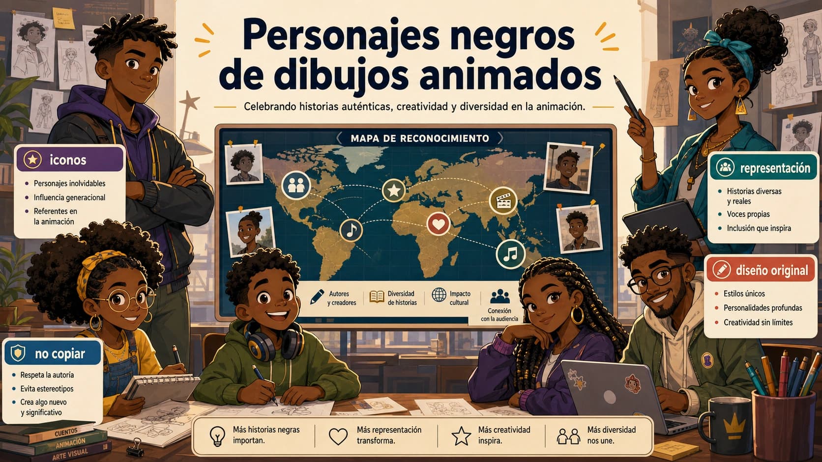 Personajes negros de dibujos animados: nombres, contexto y diseño original