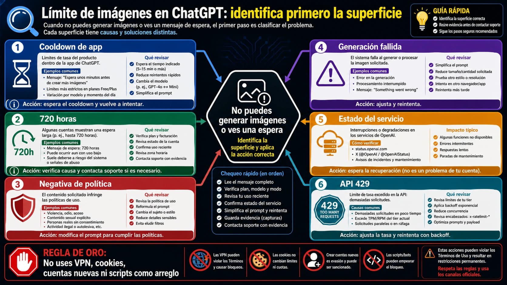 Tablero de seis ramas para diagnosticar límites de generación de imágenes en ChatGPT