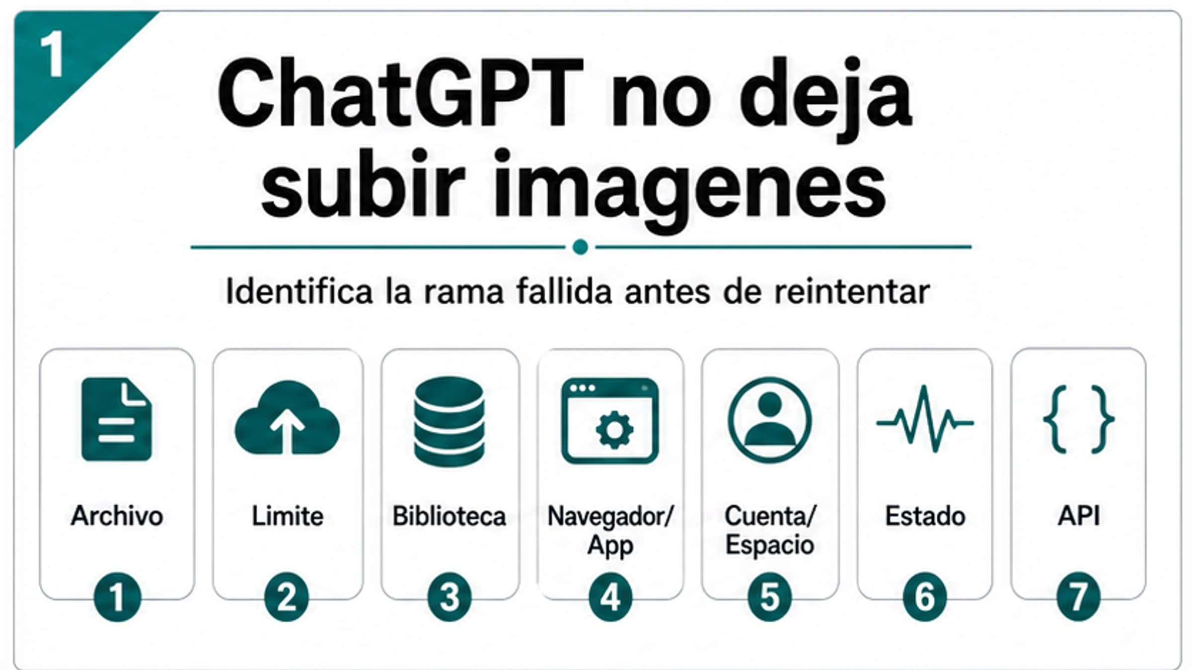 Tablero de diagnóstico para fallos al subir imágenes a ChatGPT con ramas de archivo, límite, almacenamiento, navegador, cuenta, estado y API